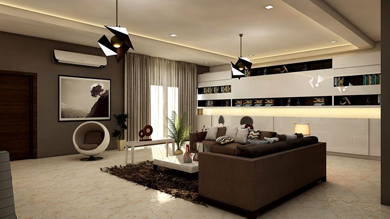 Home rectangular white coffee table near brown leather sofa